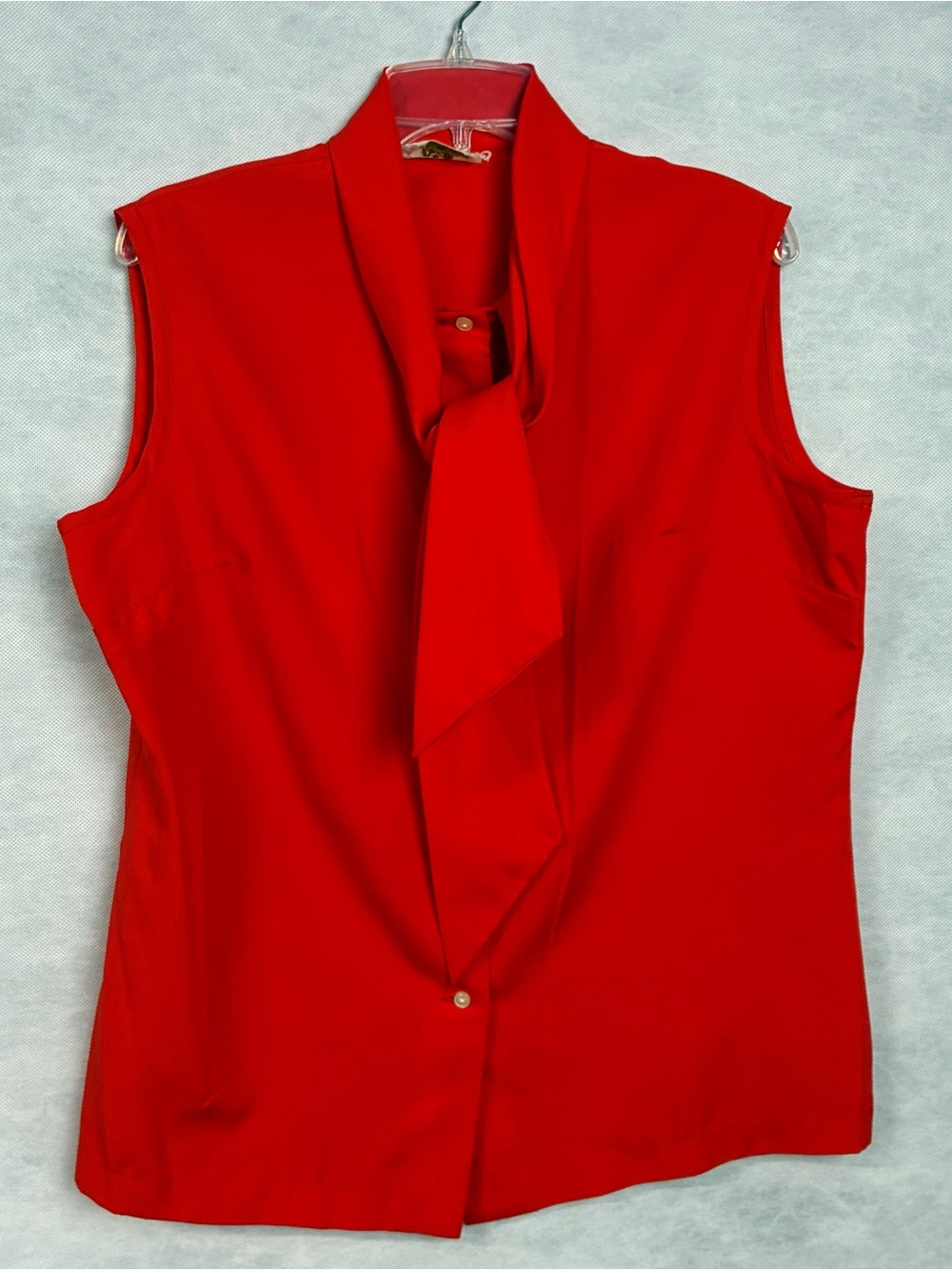 Vtg 60s 70s Douglas Marc Blouse Womens Large Red Orange Button Tie Neck Career